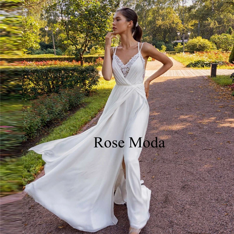 Rose Moda V Neck Criss Cross Back Boho Wedding Dress with Slit Chiffon Beach Bridal Gown Custom Make