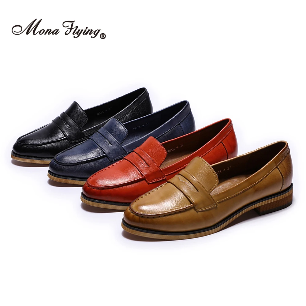 Mona Flying Womens Genuine Leather Penny Loafers Flats Elegant Comfortable Almond-toe Casual Flat Shoes for Ladies H618-4