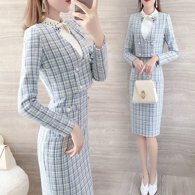 2021 Women's Two Piece Set Female Dress Suit Autumn Winter Ladies lattice 2 Piece Set Female New Temperament Fashionable 2PCS B1