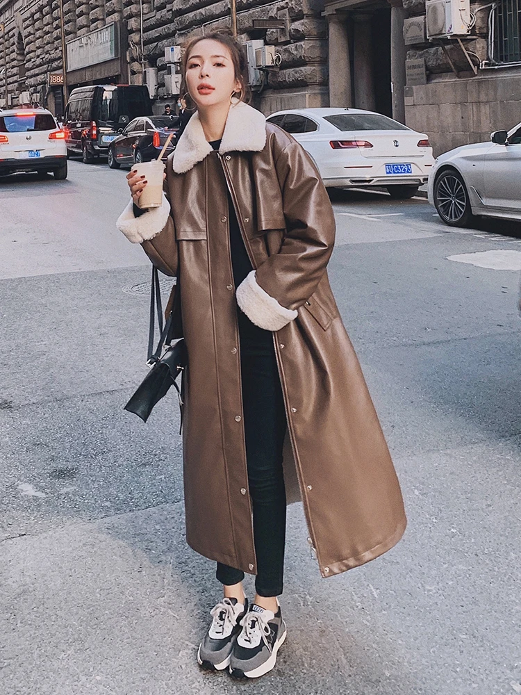 Women's Winter Jacket Coffee Leather Jackets Coat Self Cultivation Locomotives Jackets Spring Autumn Women Long Jacket Coat