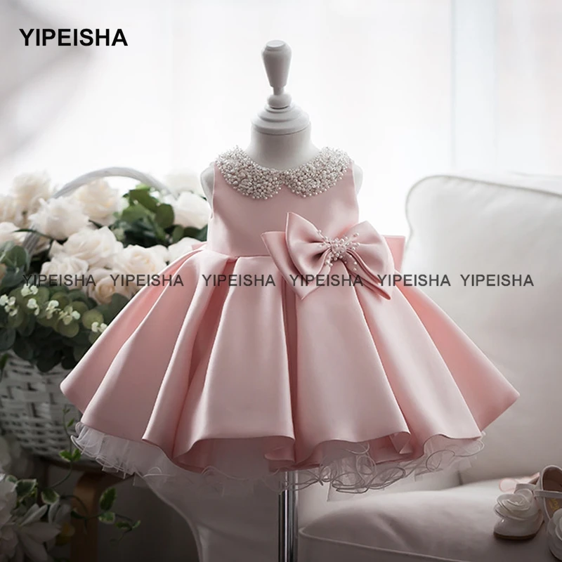 Yipeisha vestidos de meninas flores com pérolas, vestido de princesa de primeira comunhão sagrada para desfile com laço rosa, vestido de festa para bebê