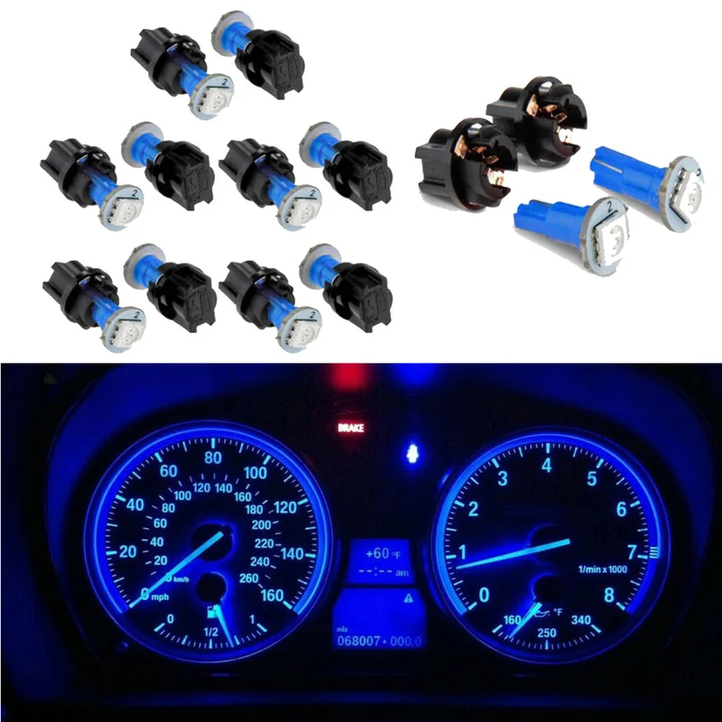 

10pcs T5 PC74 12V Twist Socket Instrument Panel Cluster Blue Dash LED Light Bulb Decorative Lamp Interior Parts Car Accessories