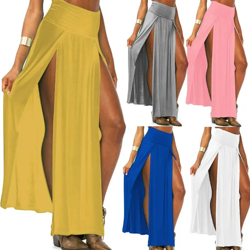 Womens High Waist Sexy Double Slit Front Open Knit Maxi Long Skirt Solid Color Pleated Irregular Hem Beach Dress Bikini Cover Up