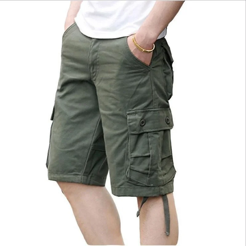 Summer Men\'s Casual Cotton Cargo Shorts Overalls Long Length Multi Pocket Hot breeches Military Capri Pants Male Cropped Pants