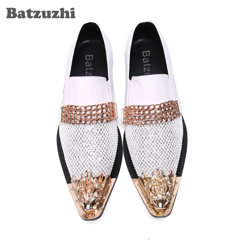 Batzuzhi Men Dress Shoes Italian Type Formal Genuine Leather Shoes Men Pointed Toe White Blink Wedding Shoes, Big Sizes 38-46