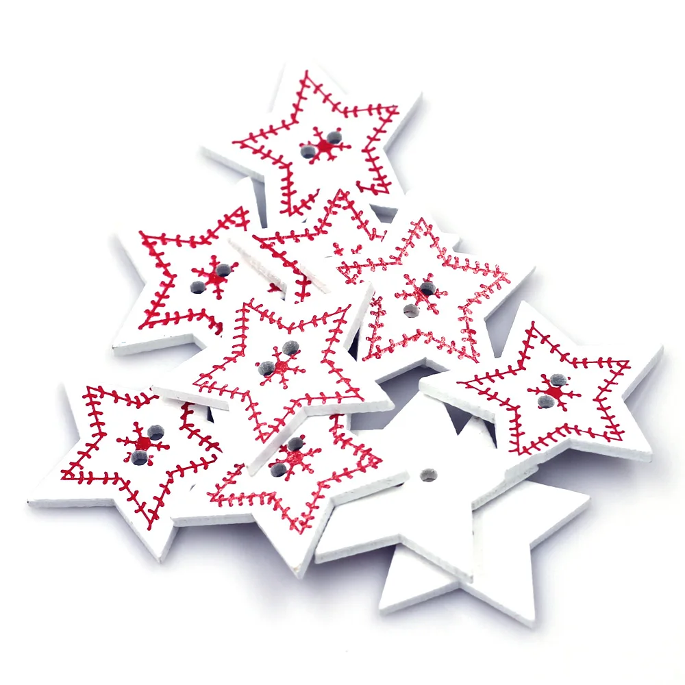 20Pcs White Red Christmas Pentagram Star Pentacle 2 Holes Wooden Sewing Buttons for Craft Scrapbook Clothing Needlework 33x30mm