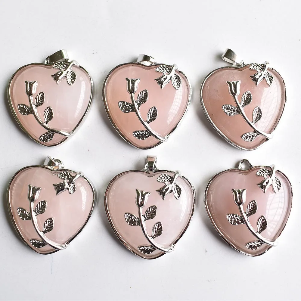 Romantic silver plated natural amethysts pink quartz  Love Flower Pendant women's necklace fashion jewelry 6pcs free shipping