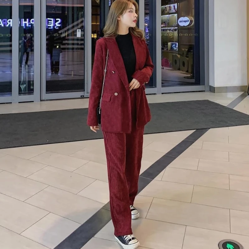 

Vintage Corduroy Women Blazer Suit Female 2 Pieces Set Double-Breasted Jacket & Long Pant NICE Spring