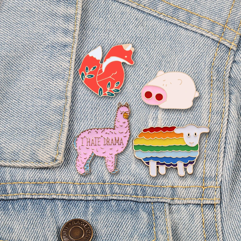 Cute Kawaii Rainbow Sheep Fox Alpaca Llama Pig Brooch Pins Cartoon Animal Lapel Pin Metal Badge Collection Women Jewelry Gifts