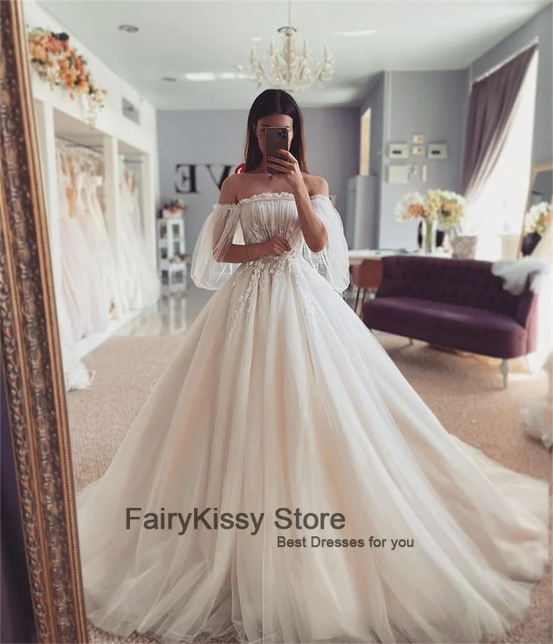 FairyKissy-vestidos de novia de tul con cuentas, exquisitos, escote corazón, sin hombros, para playa, Princesa, fiesta, boda elegante, 2021