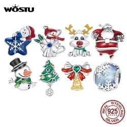 WOSTU 925 Sterling Silver Christmas Tree CZ Beads Santa Claus Charm Snowman Pendant Fit Original Bracelet DIY Festival Gift