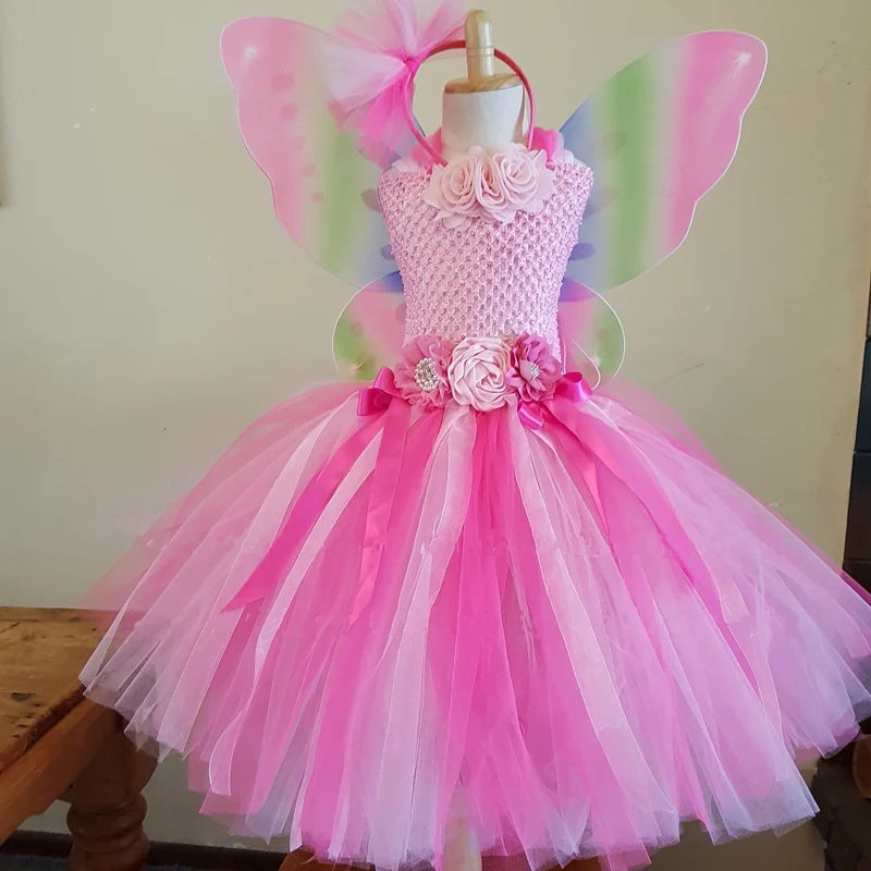 Girls Pink Flower Fairy Dress Kids Butterfly Wing Tutus Ball Gown with Hairbow Outfit Children Halloween Party Costume Dresses