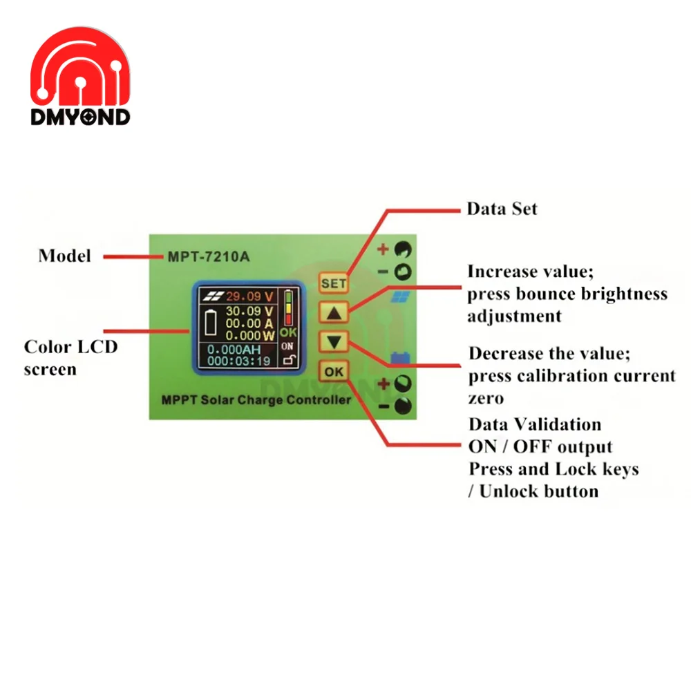 MPT-7210A Solar Charge Controller Fit DC 12-60V to DC 15-90V Lithium Battery Bank Solar Systems Regulators LCD Display