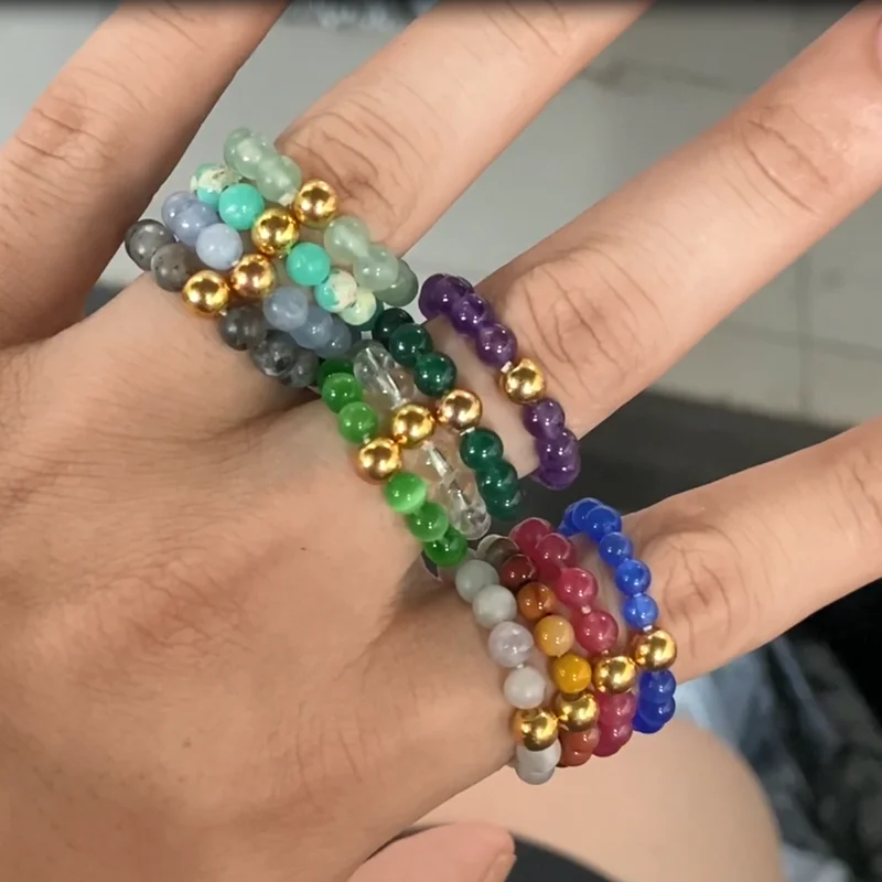 Anillo de piedra de cuarzo Mineral para mujer, amatista curativa Natural con cuentas de 4mm, anillo de dedo elástico de Color dorado, círculo ajustable Rin
