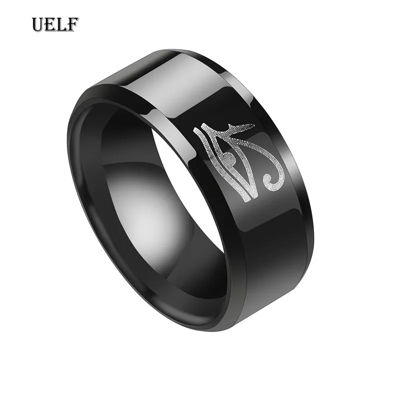 Uelf Vintage Men Women Black  Color Egyptian Eye of Horus Ankh Cross Symbolic Rings Egypt Amulet Stainless Jewelry Gift