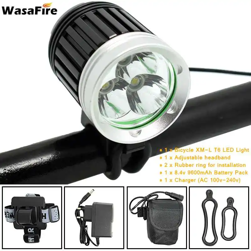 WasaFire 3* T6 LED Bicycle Light 3 Mode 5400lm Bike Front Lights MTB HeadLamp Cycling Headlight and 8.4v 18650 Battery + Charger