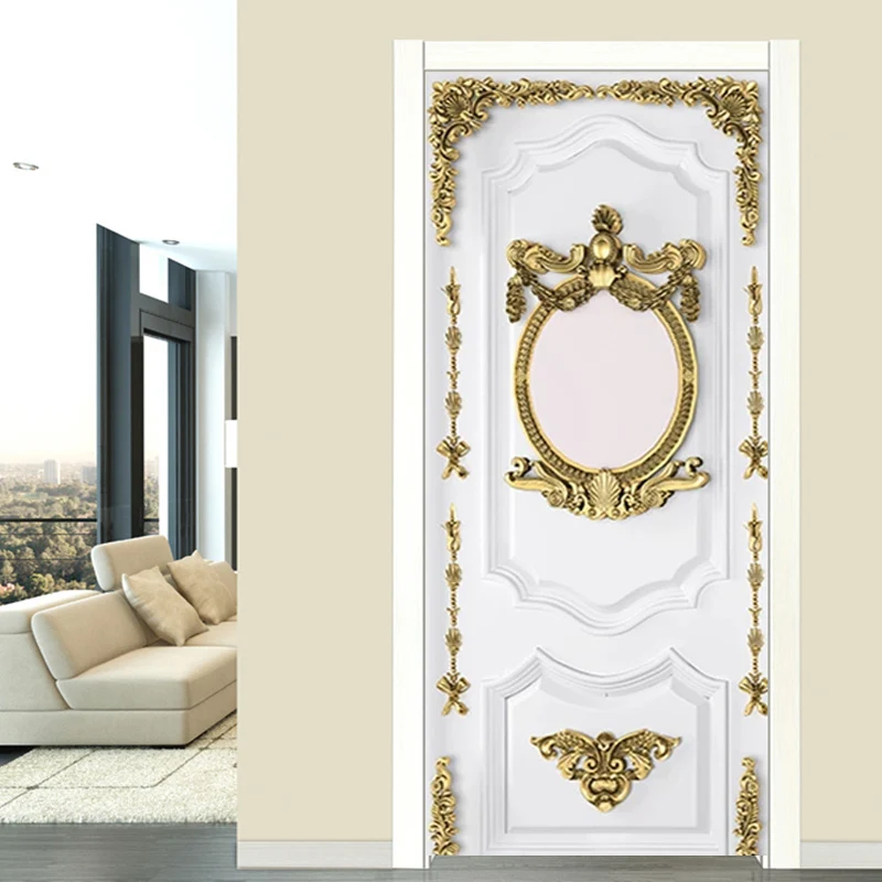 European Style Light Luxury Door Sticker 3D Golden Carved Mural Wallpaper PVC Self-Adhesive Waterproof Door Poster Sticker Decal