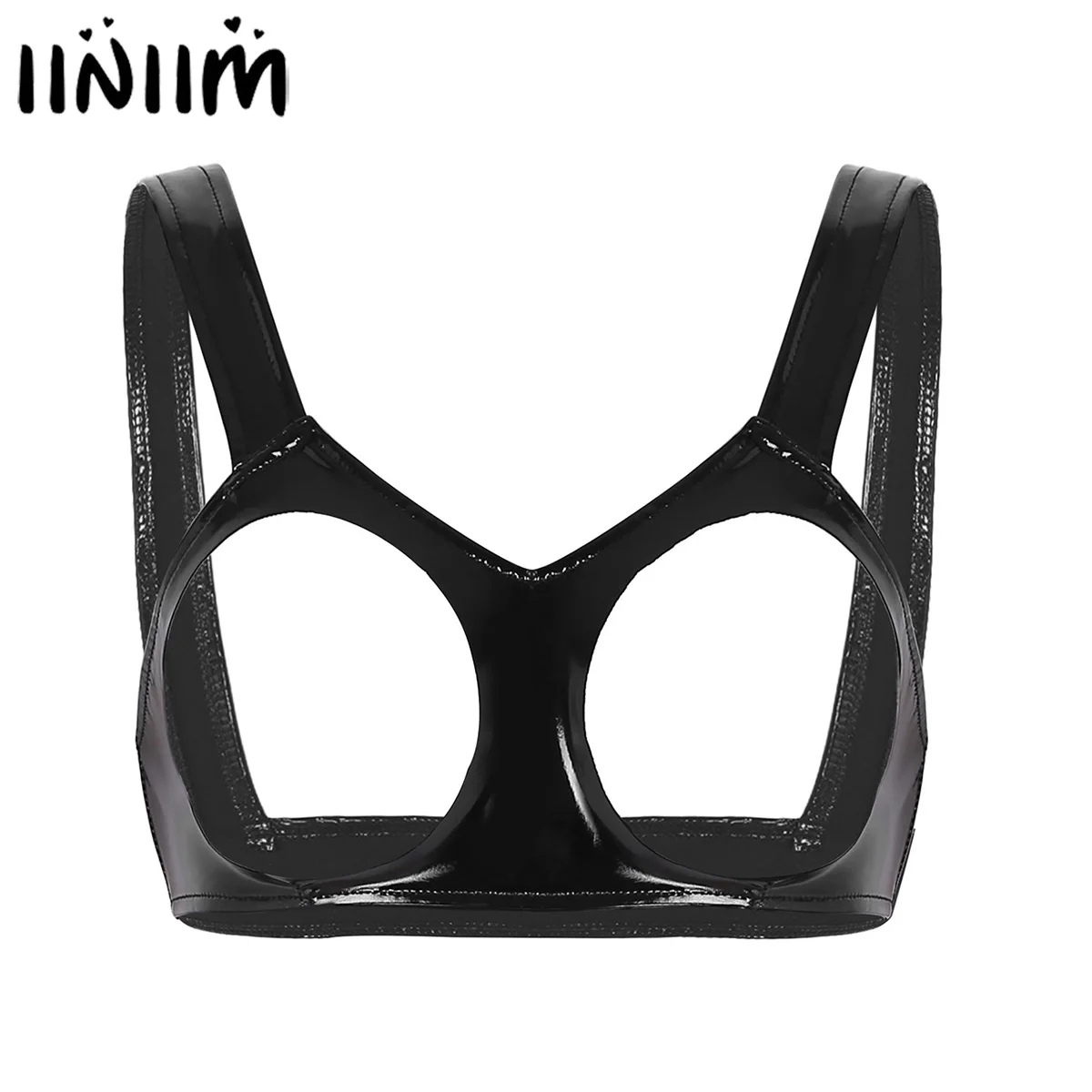 

Sexy Clubwear Women Wet Look Leather Bustier Latex Mini Bra Porno Open Cups Bra Underwear Female Hollow Out Nipples Unlined Bra