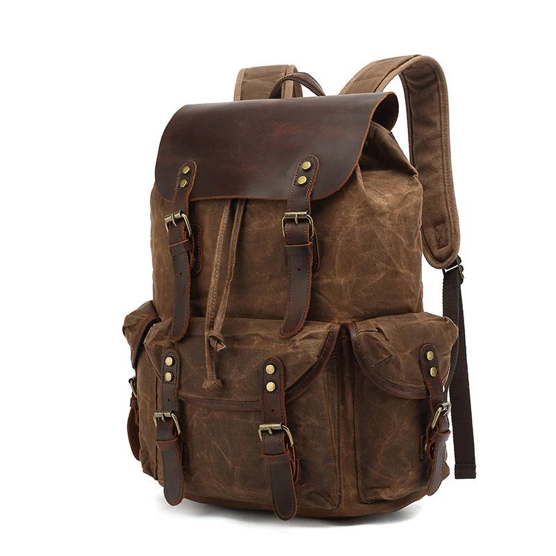 Casual Oil Wax Canvas Backpacks Vintage Waterproof Large Capacity Travel Bag Women Mochila Leather Laptop Drawstring Rucksack