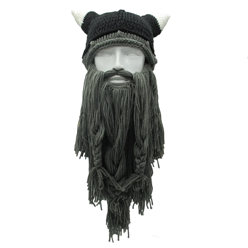 Men\'s Barbarian Vagabond Viking Beard Beanie Horn Hats Handmade Winter Warm Birthday Cool Gifts Funny Gag Halloween Hip Hop Cap