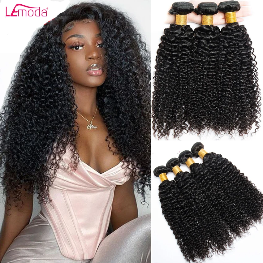 Lemoda Hair Kinky Curly Bundles Brazilian Human Hair Extensions Remy Natural Color Weave 30 Inch Deep Wave Bundles 1 3 4 Piece