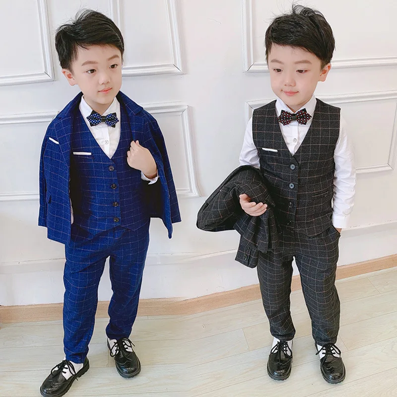 2020 Autumn Children Formal Suit Set Flower Boys Plaid Blazer Vest Pants 3pcs Clothes Set Kids Party Wedding Piano Show Costume