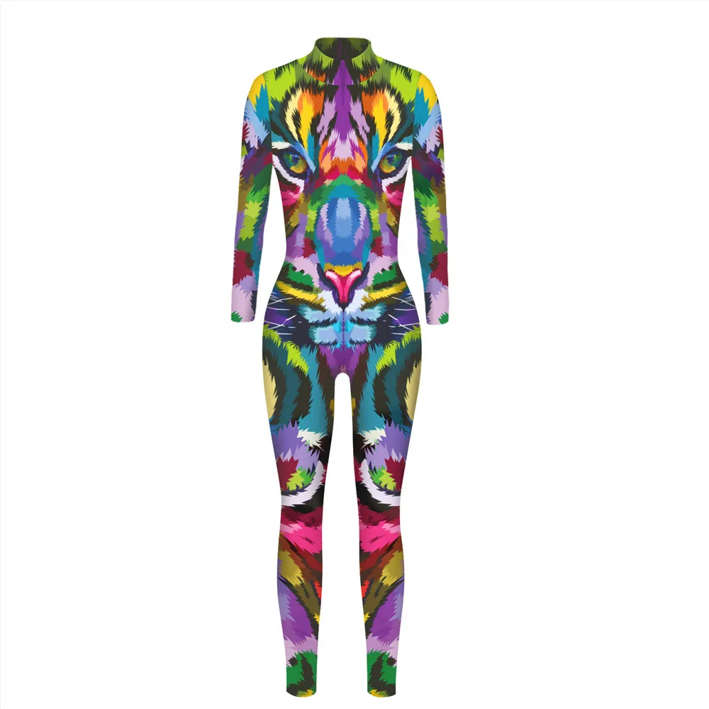 FCCEXIO Jumpsuit Gambar Harimau 3D Warna-warni Bodysuit Elastis Cosplay Seri Pesta Jumpsuit Kurus Wanita Seksi Lengan Panjang