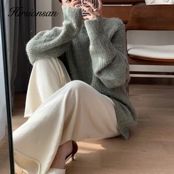 Hirsionsan Cashmere Soft Wide Leg Pants Women 2023 Winter Korean Vintage Straight Pants Loose Female High Waist Knitted Trousers