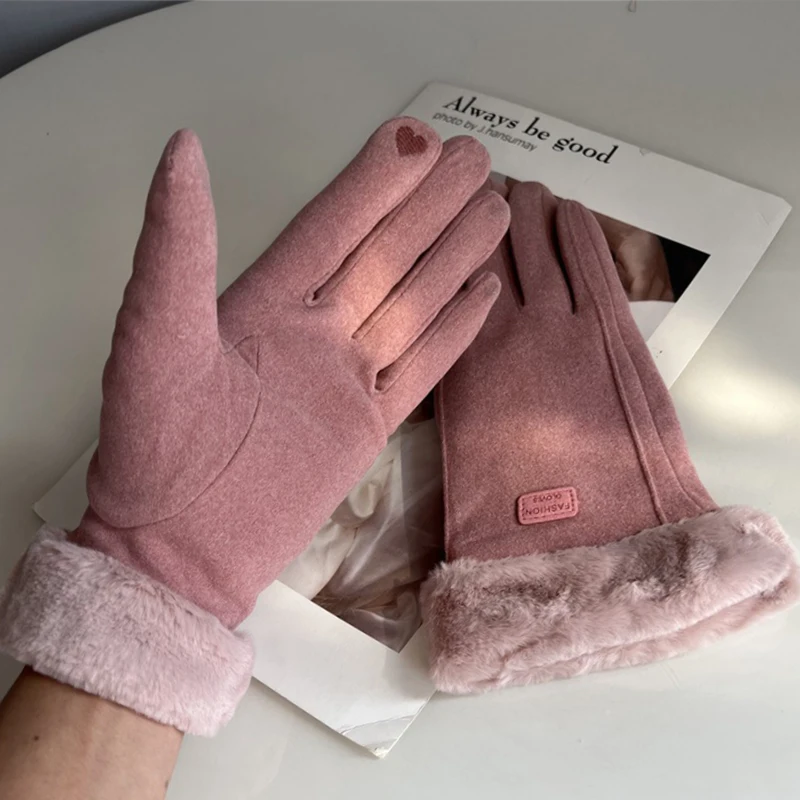Winter Imitation Cashmere Thick Women\'s Gloves Warmth Fleece Girlish Pink Fashion Durable with Screen Touch Function Gloves