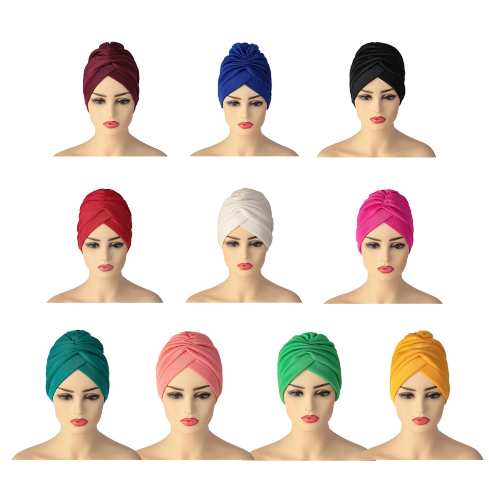 

Twisted Turban Caps for Women Handmade African Auto Gele Headtie Soild Color Women\'s Head Wraps Muslim Headscarf Hijab Bonnet