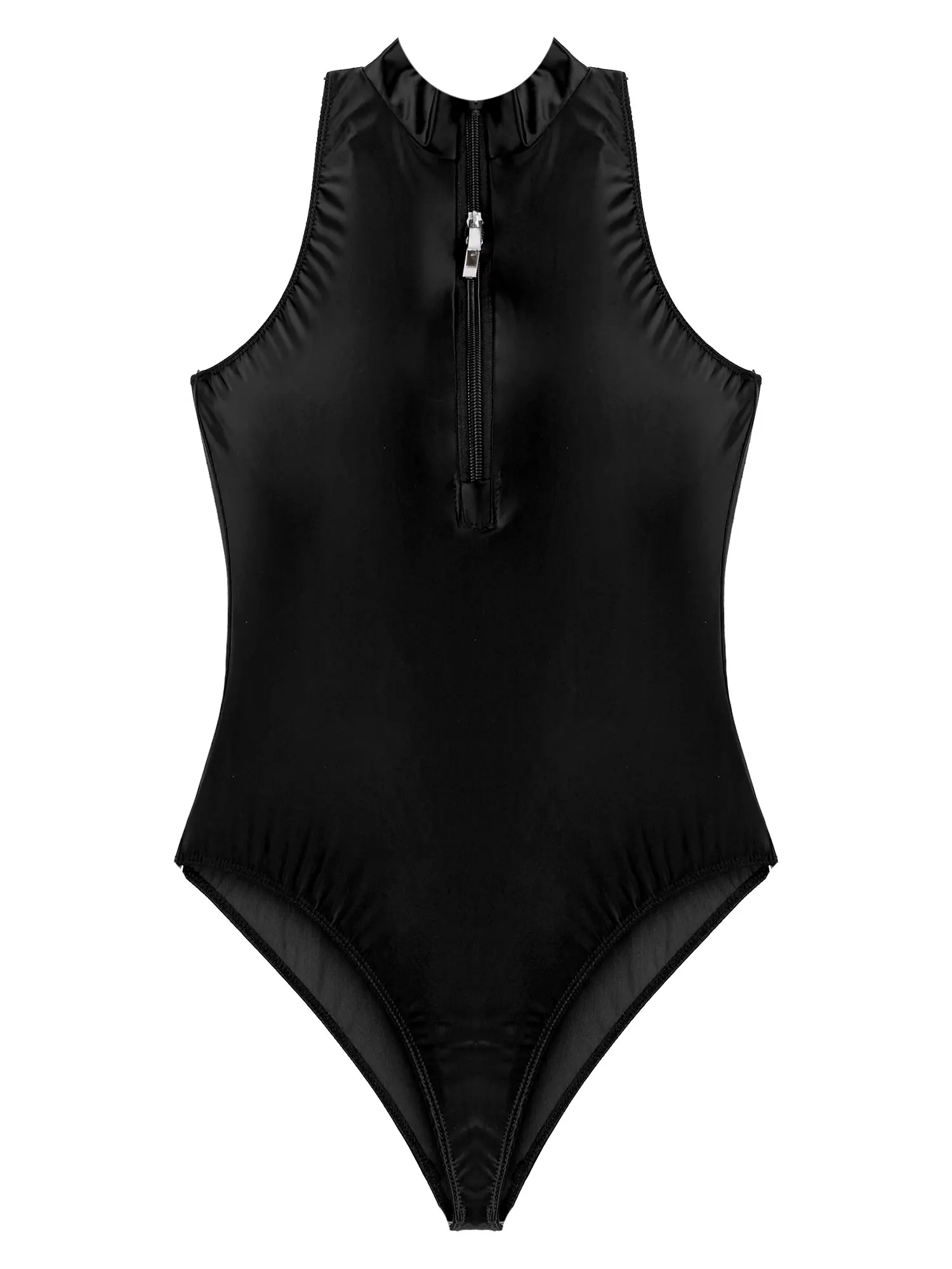 Tuta Sexy da donna tuta senza maniche lucida tuta tinta unita doppia cerniera body frontale taglio alto Clubwear indumenti da notte