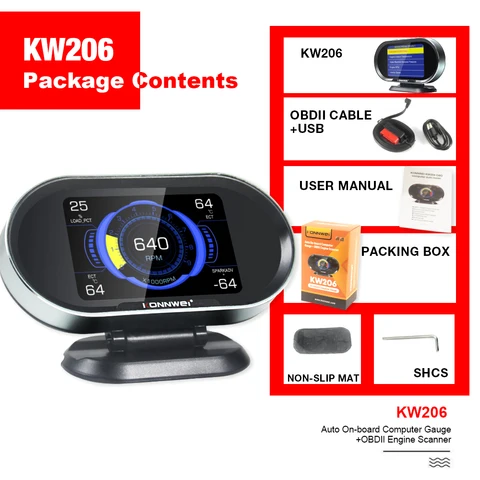 Автомобильный бортовой компьютер KONNWEI KW206 OBD2, цифровой Компьютерный дисплей, Автомобильный сканер, датчик расхода топлива, воды, температуры