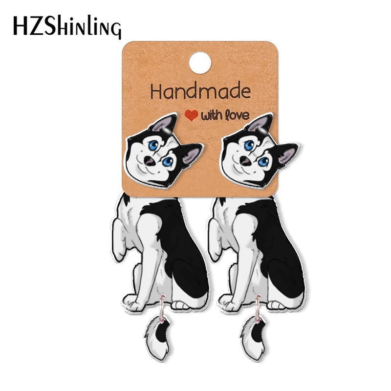 2021 Cartoon Animal Husky Dogs Pet Love Pattern Acrylic Clip Earrings Stud Earrings Resin Epoxys Ear Jewelry