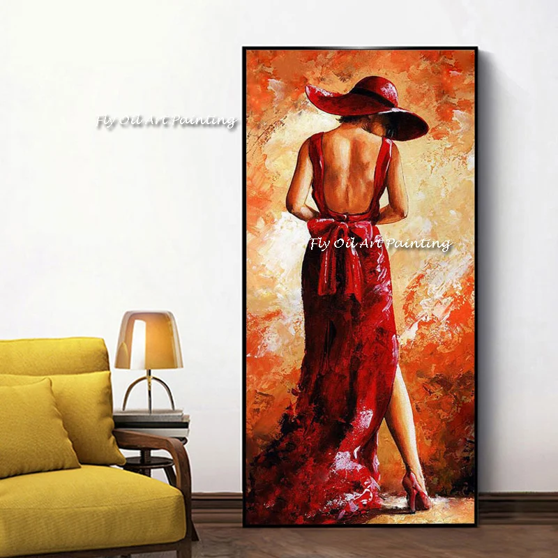 

Red Dress Woman Model Nude Back Large Portrait Art Handpainted Abstract Girl Figure Oil Painting Wall Home Decor Mural Picture