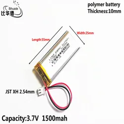 3.7V 1500MAH 102555 JST XH 2.54mm  Lithium Polymer LiPo Rechargeable Battery For Mp3 headphone PAD DVD bluetooth camera