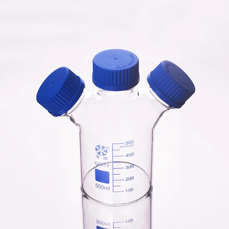 FAPEI Reagent bottle,With 3 blue screw covers,Borosilicate glass, 500ml GL45mm,Graduation Sample Vials Plastic Lid with 3 necks