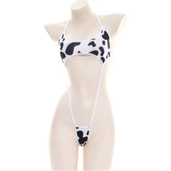 Women Cute Milk Cow Print Bikini Bodysuit Sexy Halter Backless Cutout Micro Jumpsuit Strappy Erotic Cosplay Lingerie Swimsuit