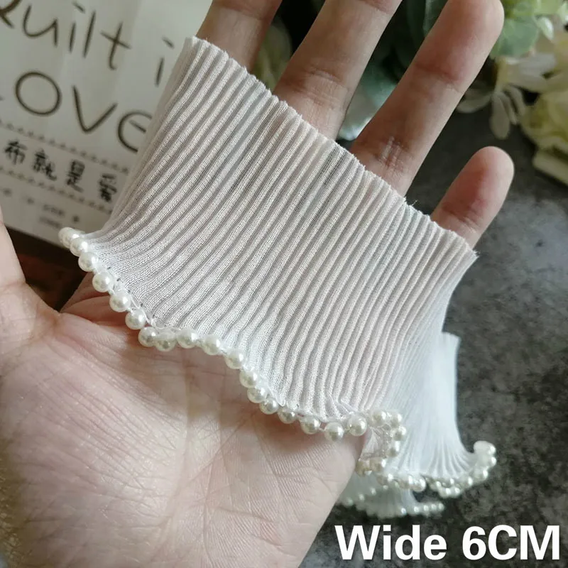 6CM Wide White Pleated Chiffon Fabric Stretch Lace Ribbon Elastic Beaded Ruffle Fringe Trim Handmade DIY Sewing Guipure Decor