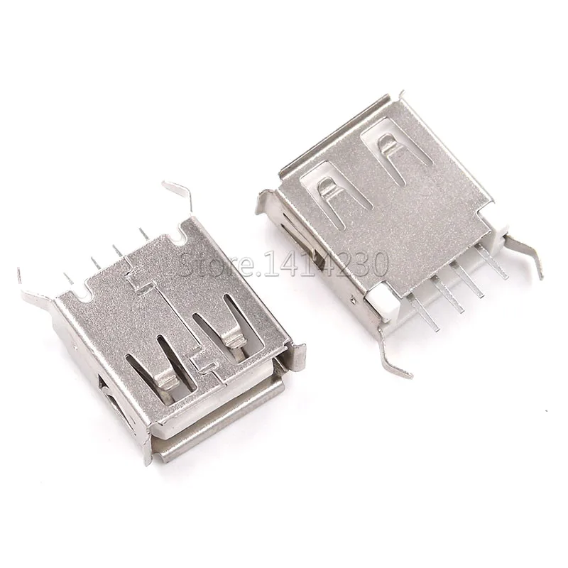 10Pcs USB Type A Female Socket 180 Degrees Vertical 4pins USB Interface Sides Of the Curved Needle