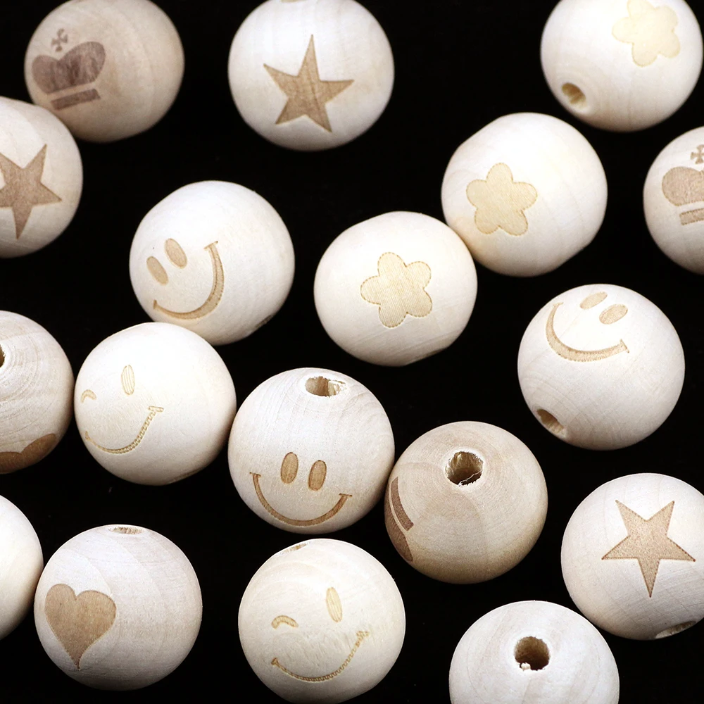 Perles rondes en bois naturel, 20mm, 10 pièces, anneau de dentition pour bébé, étoile, cœur souriant, perles en bois pour la fabrication de bijoux, bricolage