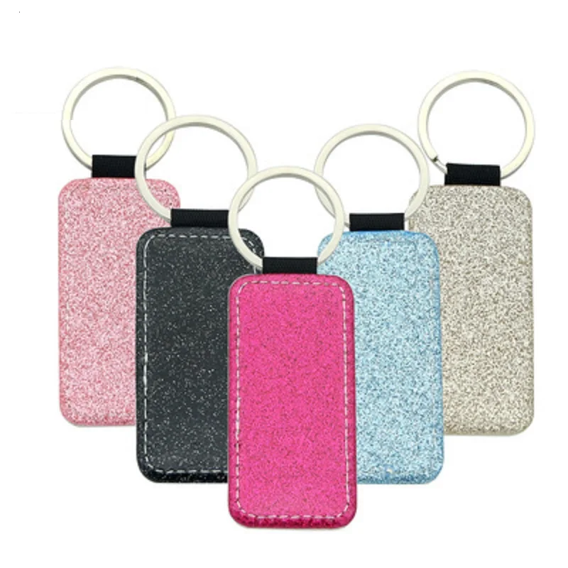 

100pcs/Lot blank single side shinning glitter keyring sublimation blanks heat transfer PU Leather DIY Keychain Sublimation blank