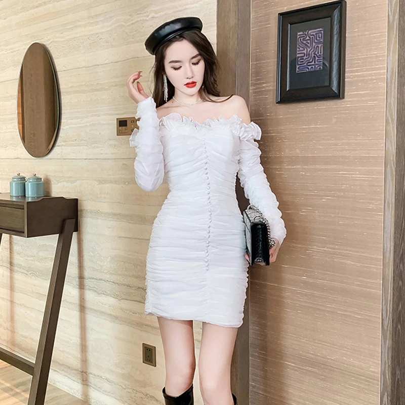 Fashion Korean Style Women's dress Retro Sexy Off-Shoulder Mini Party Dress Elegant Coffee Break Ruffle Folds Mesh Female Dress