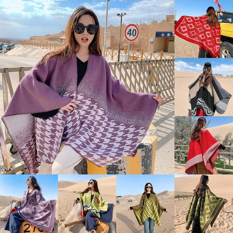 2021 Blanket Coat Imitation Cashmere Multipurpose Splicing Cape Women's Shawl Show Coat Oversized 130*150cm Poncho Scarf  Wraps