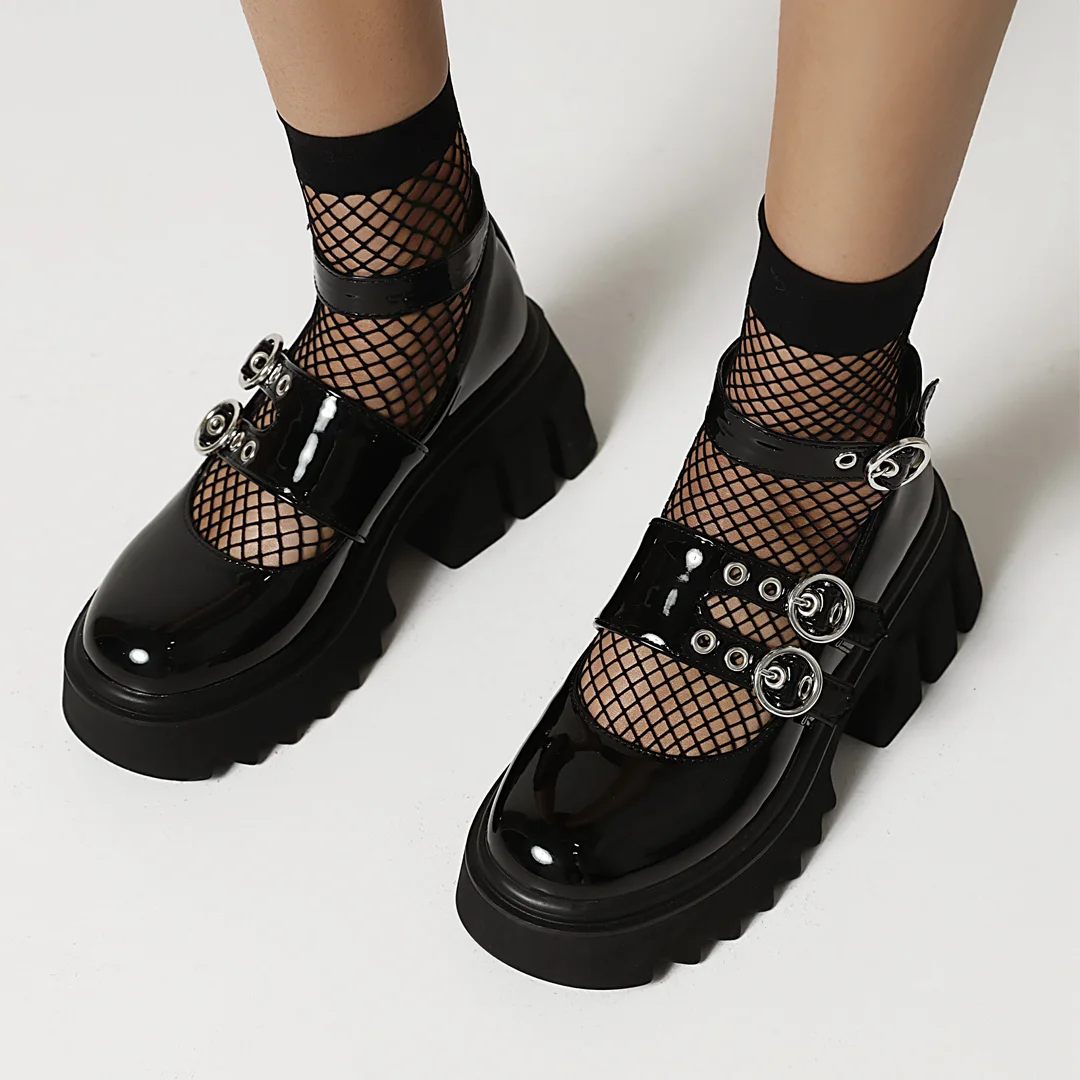 High Waterproof Platform Platform Hollow Heel Street Fashion Shoes Patent Leather Shallow Mouth Ankle Strap Platform Shoes