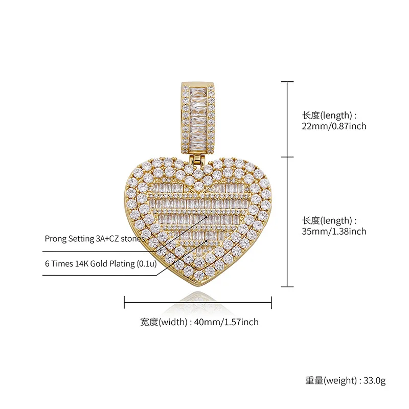 Hip Hop AAA Cubic Zirconia Pave Bling Ice Out Heart Shape Photo Frame Memory Medallions Pendant Necklaces for Men Rapper Jewelry