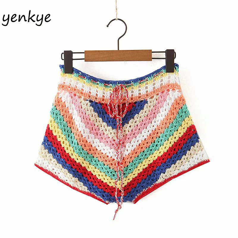 

Multicolor Striped Knit Crochet Shorts Women Drawstring Waist Sexy Short Femme Holiday Summer Boho Short mujer spodenki damskie