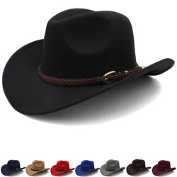 Sombrero de vaquero occidental cálido para hombres y mujeres, cinturón de café de lana, otoño e invierno