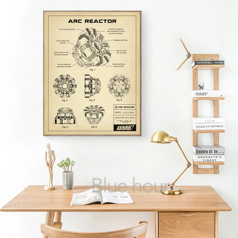 Arc Reactor Blueprint Art Canvas Painting Vintage Patent Sci-fi Movies Posters Fan Gifts Man Cave Wall Prints Boys Room Decor