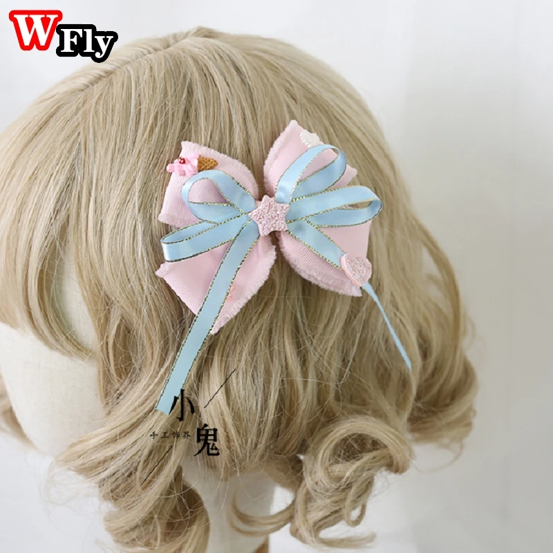 Harajuku kawaii Lolita Pink Blue Lace Bow hairpin headband KC Japanese Women Girls Cosplay hair clip Headwear Hair Accessories