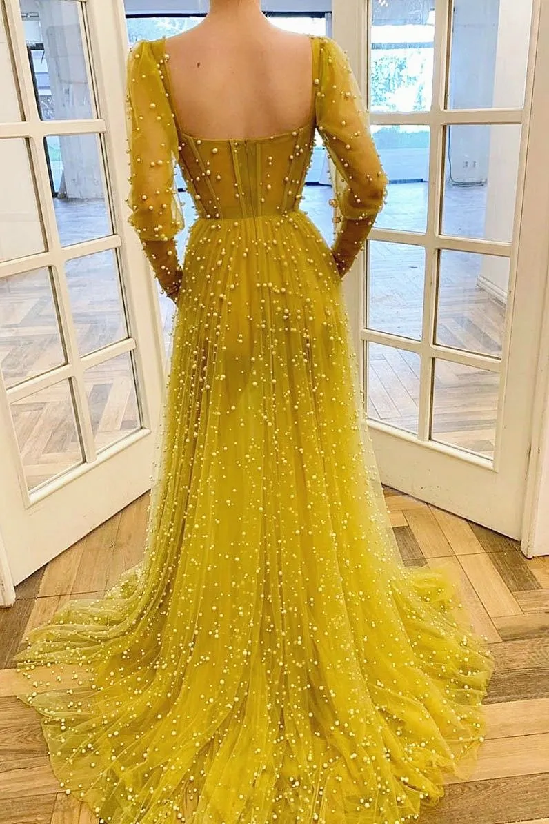 2020 Nieuwe Gele Prom Dress Lange Kapmouwtjes Eenvoudige A-lijn Illusion Sweep Trein Backless Bead Avondjurk Коктейльные Платья